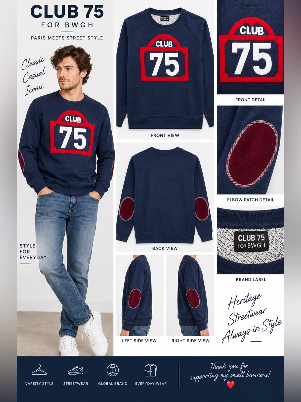 Club 75 for BWGH Navy Crewneck Sweatshirt 75 Graphic Elbow Patch Pullover